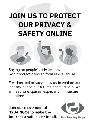 Stop Scanning Me campaign leaflet.  'Join us to protect our privacy & safety online'. Black and white, campaign logo at top and bottom right. Three illustrations with humanoid characters in centre.