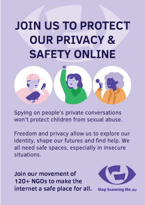 Stop Scanning Me campaign leaflet. 'Join us to protect our privacy & safety online'. Purple background, campaign logo at top and bottom right. Three illustrations with humanoid characters in centre.