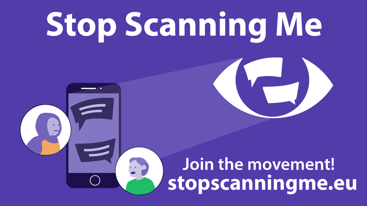 Purple illustration, 'Stop Scanning Me' at the top centre, the campaign logo illuminates a telephone and two humanoid figures talking. Bottom right 'Join the movement! stopscanningme.eu'.