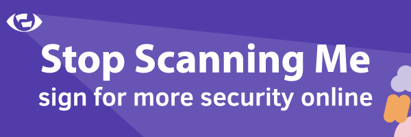 Purple banner, top left of the Stop Scanning me campaign logo illuminating the words 'Stop Scanning Me sign for more security online'. 
