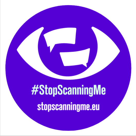 Round purple sticker, Stop Scanning Me campaign logo in centre.